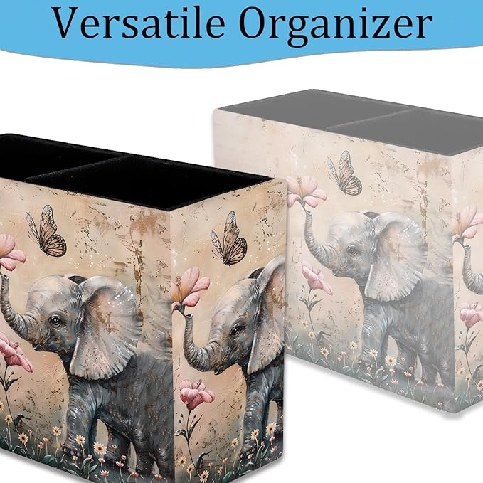Pen Holder, Pencil Case, Makeup Brush Storage Box, Tableware Storage Box, Suitable for Office Or Home Item Organizing Stand - Cute Little Elephant Flower