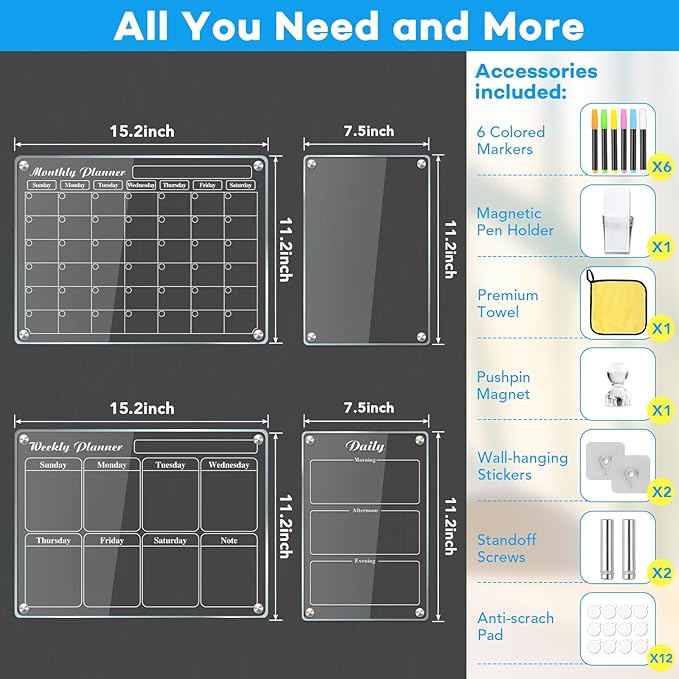 MIKEDE Magnetic Calendar for Refrigerator, 4 Pack Strong Magnets Dry Erase Board Set, 6 Colorful Markers, Acrylic Calendar for Fridge Family Planning Whiteboard Wall, Magnet Pen Holder