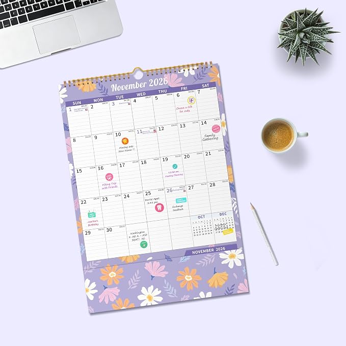 Ospelelf Wall Calendar 2026-2027 with Storage Pockets, 17" X 12" Monthly Large Planner Pad with Protective Cover and Stickers, for Family Fridge Office Teacher Student, Use July 2026 to December 2027 Ditsy Floral