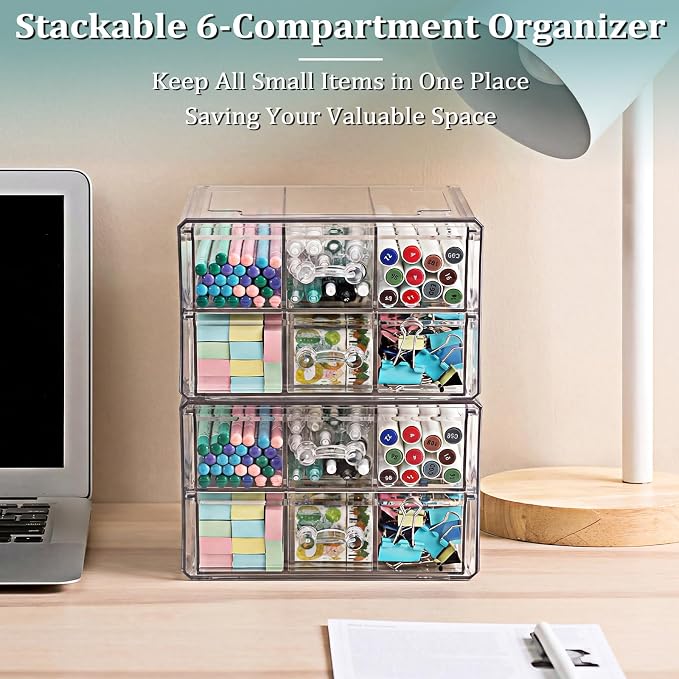 BTSKY Stackable Desk Organizer with 2 Layer Drawers, Clear Acrylic Drawer Organizer for Stationary Accessories, Medicine Cabinet, Vanity and Office Desk, Small Desktop Storage Box with 6 Grids
