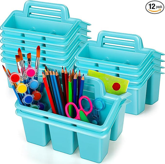 WILLBOND 12 Pcs Classroom Storage Caddies Stackable Utility Caddies with 4 Compartment Plastic Caddy with Handle Portable Storage Bins Organizers for Kids Schools Art Craft Supplies