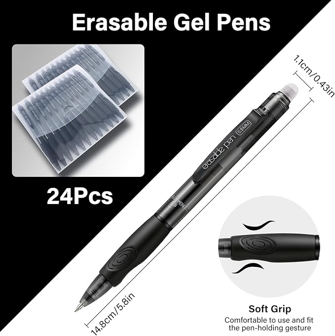 EUSOAR Black Erasable Pens, 24 Pack Eraser Pen Fine Point (0.5mm) Comfortable Grip, Retractable Gel Ink Pens Clicker Make Mistakes Disappear for Scheduling Appointments Planner Sketching