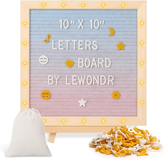 Lewondr Felt Letter Board, 10"×10" Wooden Letter Board Sign, Changeable Message Board with 20 LED Lights & 340 Letters, Pregnancy Baby Announcement Sign, First School Day Board, Colorful