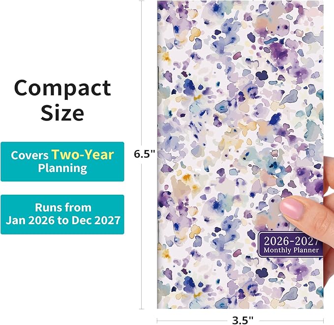 Pocket Calendar 2026-2027 for Purse, Two Year Monthly Planner Pocket Size 6.5" x 3.5", Jan 2026 - Dec 2027 Monthly Planner Small Calendar for School, Work and Home - Purple Blocks
