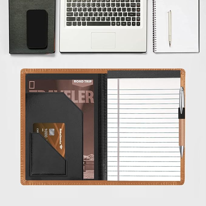 Junior Padfolio Folder - A5 Portfolio Binder Case with 5 x 8 Writing Pad and Interior Storage Pocket Executive Business Organizer for Men Women, Brown