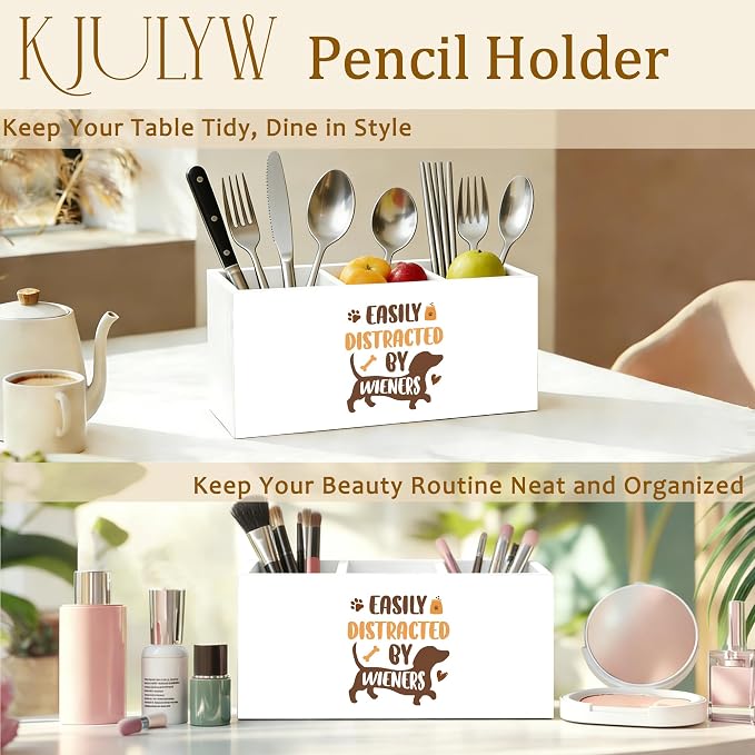 Funny Dachshund Pen Holder for Desk, Weiner Dog Gifts for Women Men, Easily Distracted by Wieners Wooden Box Pencil Pen Holder Organizer for Home Office Desk Accessories