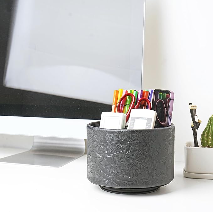 Round Leather Art Supply Organizer,Remote Control Holder,360-degree Rotating Pen Organizer with 4 Compartments(1-Butterfly Black)