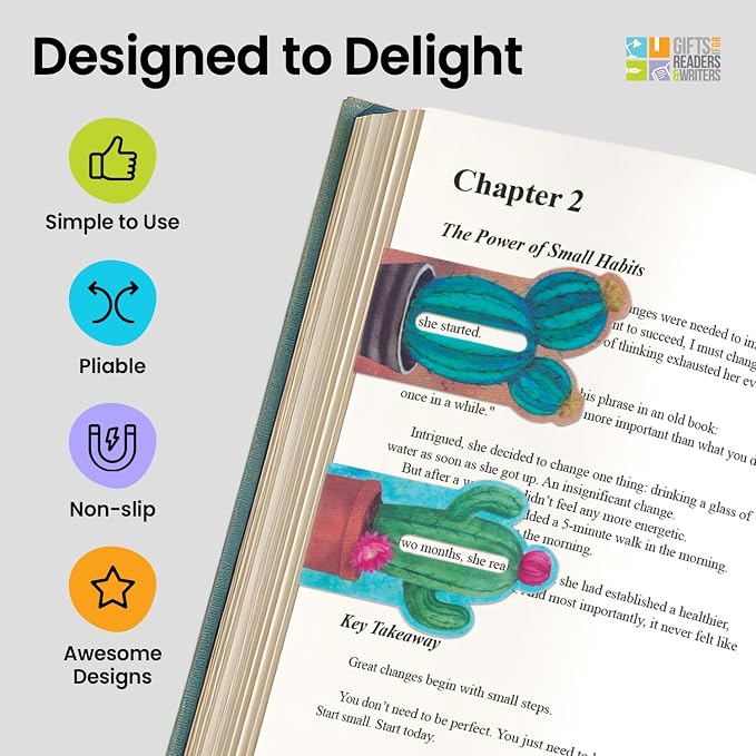 Gifts for Readers & Writers Linemarker Magnetic Bookmarks for Women & Men Cactus, Set of 2 Magnet Bookmark Clips, Magnetic Page Holder & Book Marker for Reading with Cute Bookmarks Design for Kids