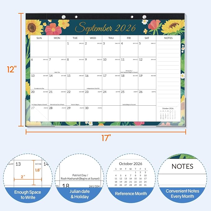 SUNEE Desk Calendar 2026-2027 17" x 12", 18 Month Calendar Jul. 2026 - Dec. 2027, Calendar 2026-2027 With Notes, for Planning, Organizing in Family, School or Office - Colorful Floral