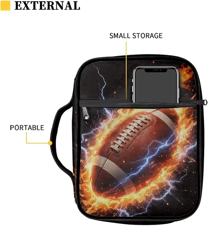 Coldinair Football Fire Lightenting Bible Cover Case for Kids Boys,Carrying Book Cover Bible Holders with Handle and Zippered Pocket,Fits for Standard/Large Size Bible