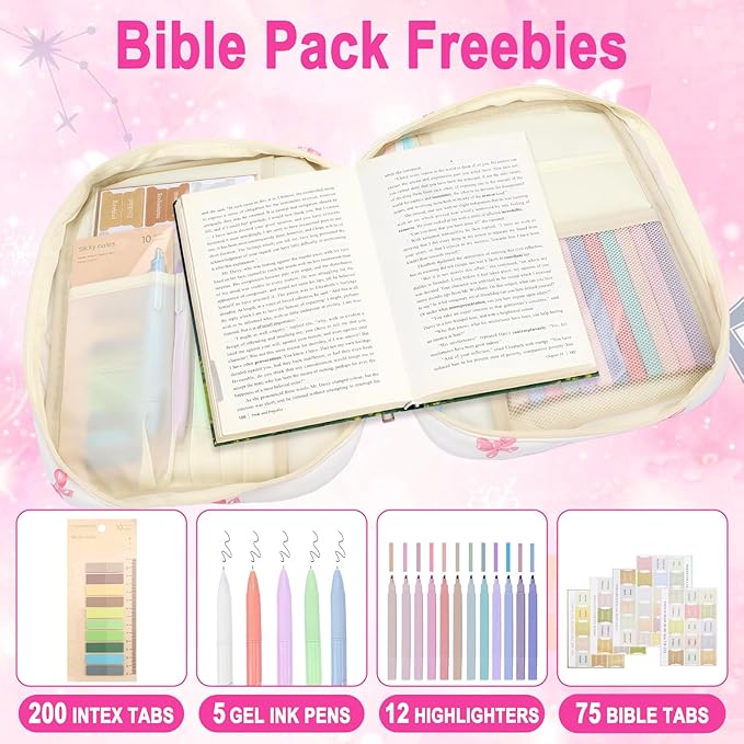 Zkptops Bible Cover Case for Women Girls Large Bible Bag Cotton Quilted Bible Carrying Case with Zipper Pocket and Handle Pink Bow Christian Carrying Book Cover for Christian Study Supplies Gift