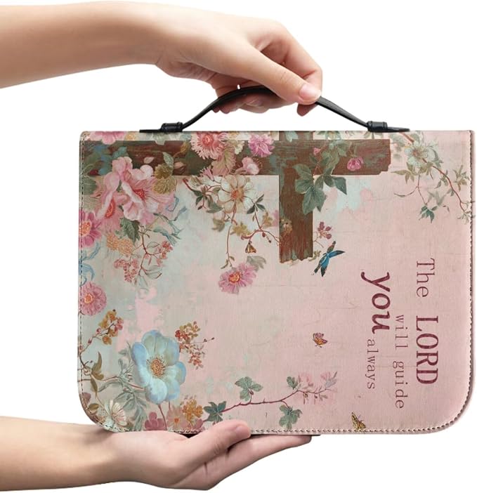 Retro Style Flowers and Cross Bible Case with Bookmark Waterproof Bible Cover Case for Women Lightweight Bible Bag with Handle Pockets Church Book Bag