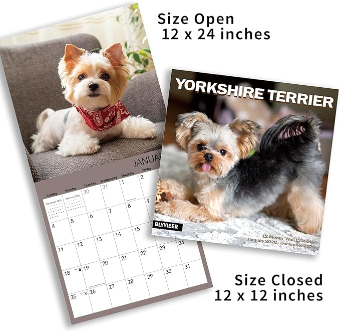 2026 Wall Calendar,Yorkshire Terrier Wall Calendar, 12" x 24" Open,Family Planner Calendar Organizer with Yorkshire Images, for Dogs Lovers