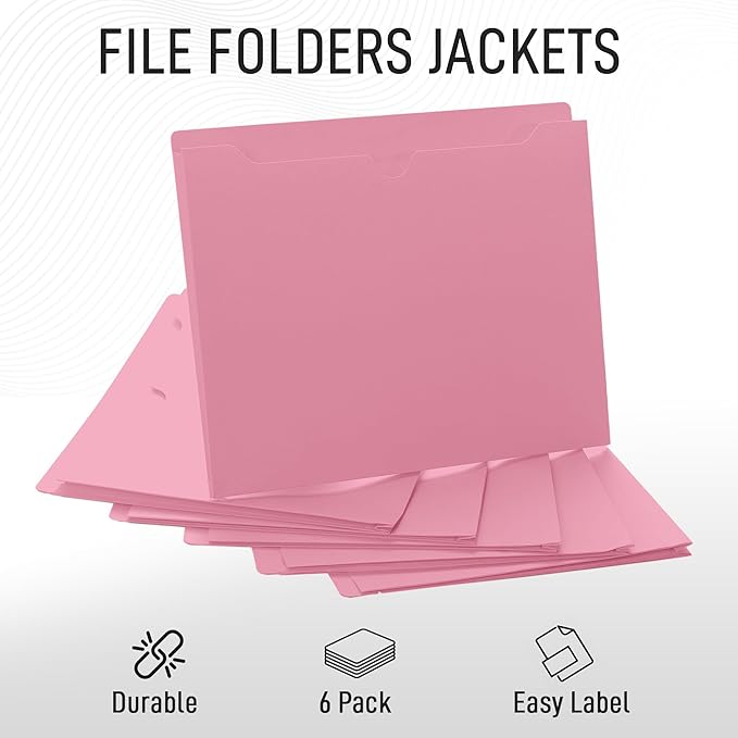 Pink File Jackets, 1 Inch Expansion, Letter Size, Reinforced Straight-Cut Tab, 6 Pack