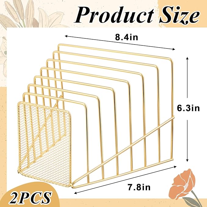 2 Pcs 7 Section Wire File Organizer for Desk, Metal Mesh Incline File Holder, Letter & Magazine Folder Rack, Desktop Paper Sorter for Home Office Back to School (Golden)