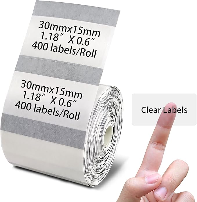 PUQU 30x15mm Transparent Direct Thermal Sticker Labels, Label Printer Self-Adhesive All-Purpose Rectangular Label Maker Tape, Refills Standard Laminated Office Labeling, 1 Roll of 400 Labels