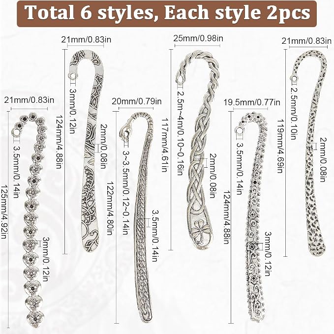 SUNNYCLUE 12Pcs 6 Styles Hook Bookmark Silver Hairpin Bookmark Bulk Alloy Retro Tibetan Chinese Style Flower Branch Bookmarks Findings with Hole Book Mark Blank for Crafts Jewelry Making Gifts DIY