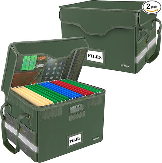 DocSafe Fireproof Document Box with Lock,File Storage Organizer with Pockets,Collapsible Portable File Box Home Office Safe Filing Cabinet with Handle for Hanging Letter/Legal Folders,Green,2 Pack