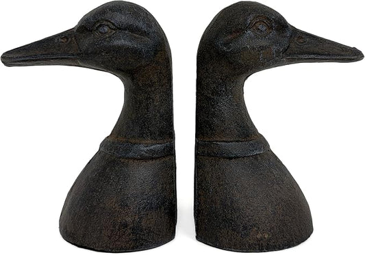 Decorative Distressed Cast Metal Duck Head Bookends - Heavy Duty Book Stopper for Shelves, Cute Novelty Book Holder - Rustic Vintage Home Office Organizer Set of 2