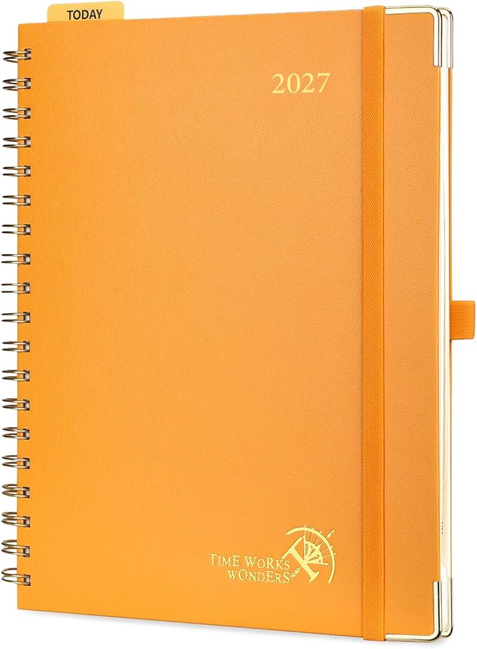 POPRUN 2027 Planner Daily Weekly and Monthly Calendar with Hourly Schedule, Monthly Tabs(Large Size 10'' x 8'' Wire-Bound Hard Cover) - Agenda 2027 (Jan.2027-Dec.2027) - Orange