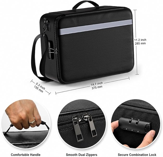 Fireproof Document Box with Lock, 5200°F Heat Insulated & Water-Resistant File Organizer, Portable Soft-Shell Storage Box for Important Documents, Passports, 14" Laptop (14.7"x11.2"x5.3")