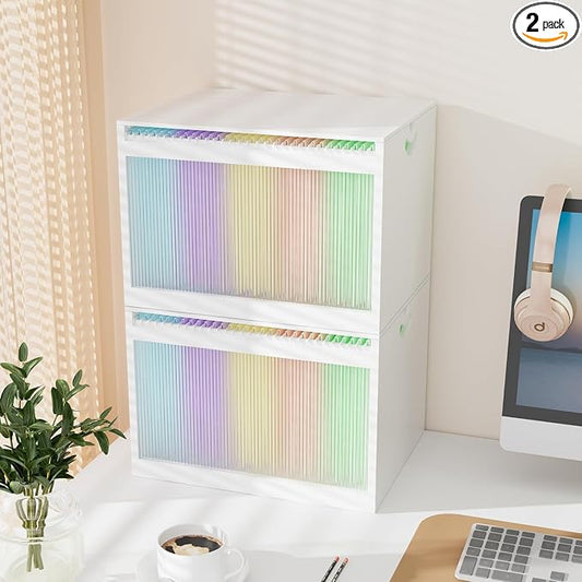 Bamboo Hanging File Boxes with Lids 2 Pack, File Organizer Box for Letter/Legal File, File Box with Hanging Folders Acrylic Light Easy Assembly File Storage Boxes for Office Home, White