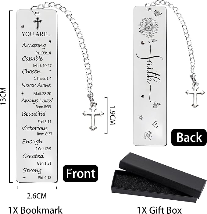 Christian Bookmark for Women - Metal Bible Book Marks with Scripture Verse and Cross Charm, Religious Faith Bookmarks Present for Baptism Christmas Birthday
