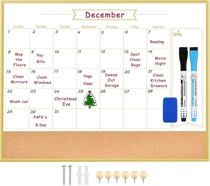 Whiteboard Calendar & Corkboard, 17" x 13" Dry Erase White Board & Bulletin Board, Gold Aluminum Frame Calendar/Cork Combo Board(ZHYL-Gold-3343-B+1)