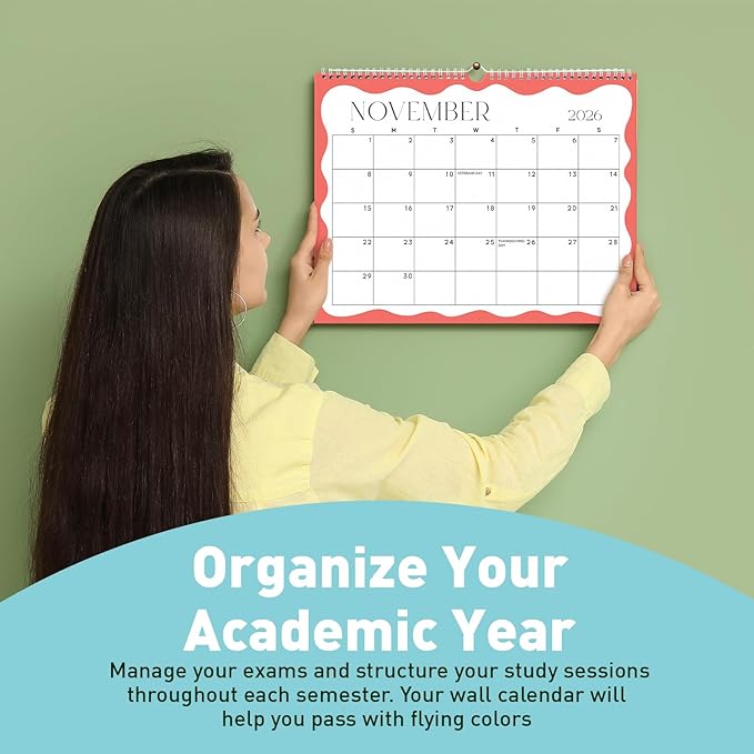 S&O Modern Wavy Wall Calendar from January 2026-June 2027 - Tear-Off Monthly Calendar - 18 Month Academic Wall Planner - Hanging Organizer to Track Anniversaries & Appointments - 13.5"x10.5”in