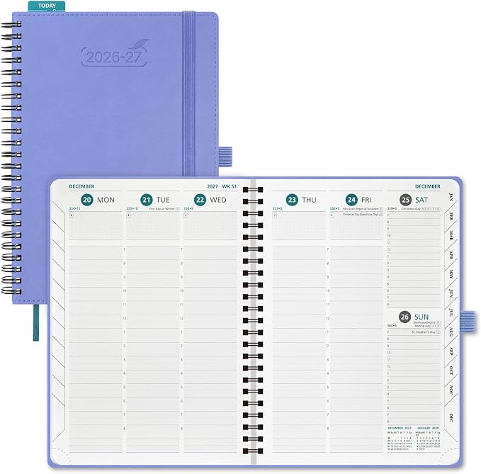 BEZEND Weekly Planner 2026-2027 (8.5" x 11") with Hourly Timeslots (Jul 26-Dec 27) 18 Months Academic Calendar & Monthly Tabs, for Students, Work & Home, Spiral PU Leather Softcover -Cornflower