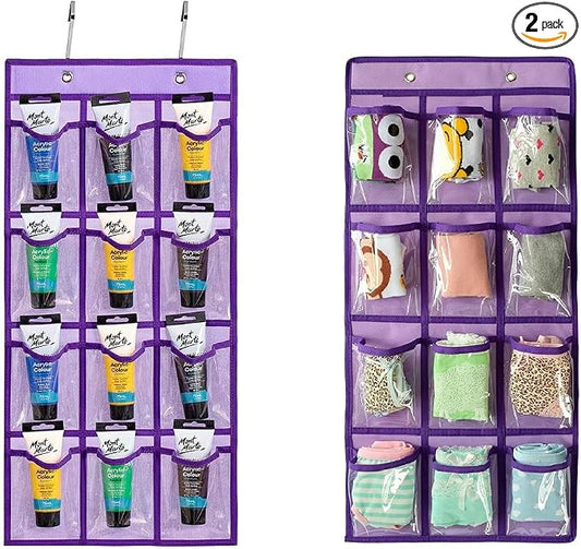 2 Pcs Classroom Pocket Chart Cell Phone Organizer Calculator Holder Over The Door Hanging Storage for Sock Underwear Jewelry with 12 Clear Pockets (Purple)