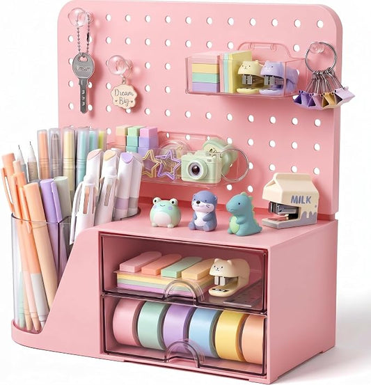 Novabright Desk Organizer with Drawers, Rotating Pen Holder with 5 Slots & Pegboard, Back to School & First Day of School Gifts, Multifunctional Desktop Storage for Desk Home Office Supplies(Pink)