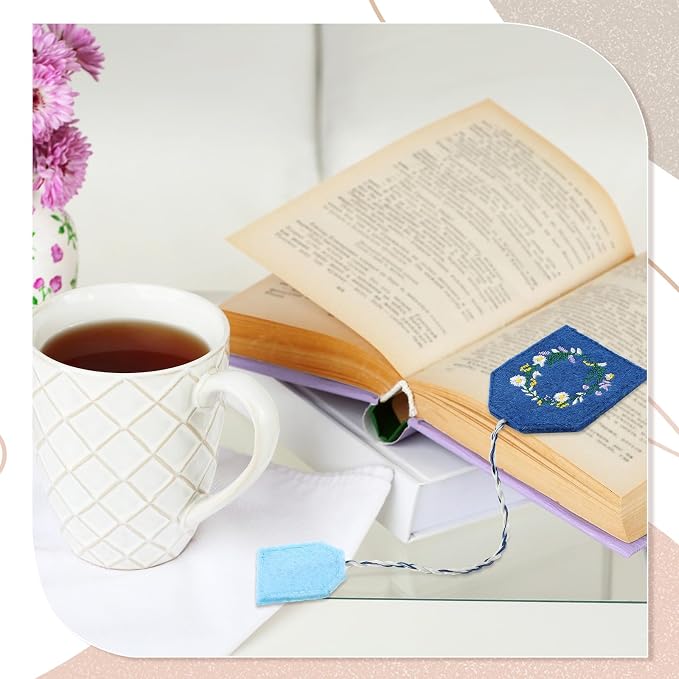 Honoson 6 Pcs Simple Tea Bag Bookmarks Tea Party Favors Garden Design Christmas Gift Bookmarks Cute Hand Embroidered for Women Mom Mother's Day Book Reading Lovers Gift