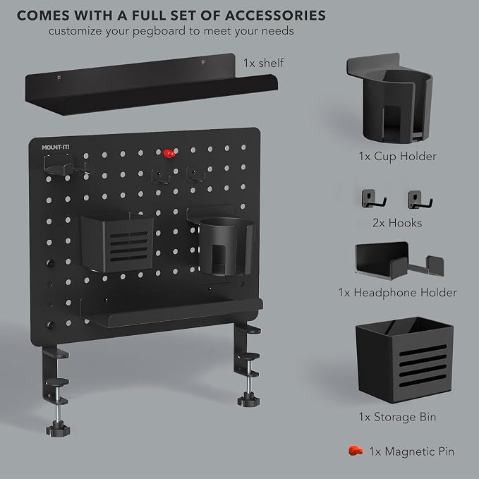 Mount-It! Clamp-On Desk Pegboard Organizer, Magnetic Metal Peg Board with 7 Accessories, 16.5" x 15.9", Vertical or Horizontal, No-Drill Desktop Storage for Home Office, Gaming & Crafting, Black