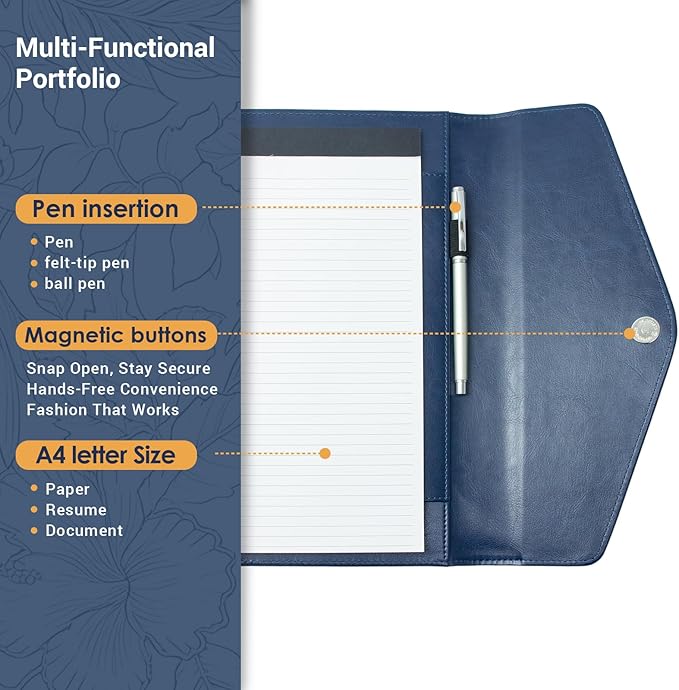 Professional Trifold Padfolio with Magnetic Closure – A4 Letter Portfolio Organizer for Business Meetings, Interviews & Presentations, Document Folder with Notepad Holder Blue