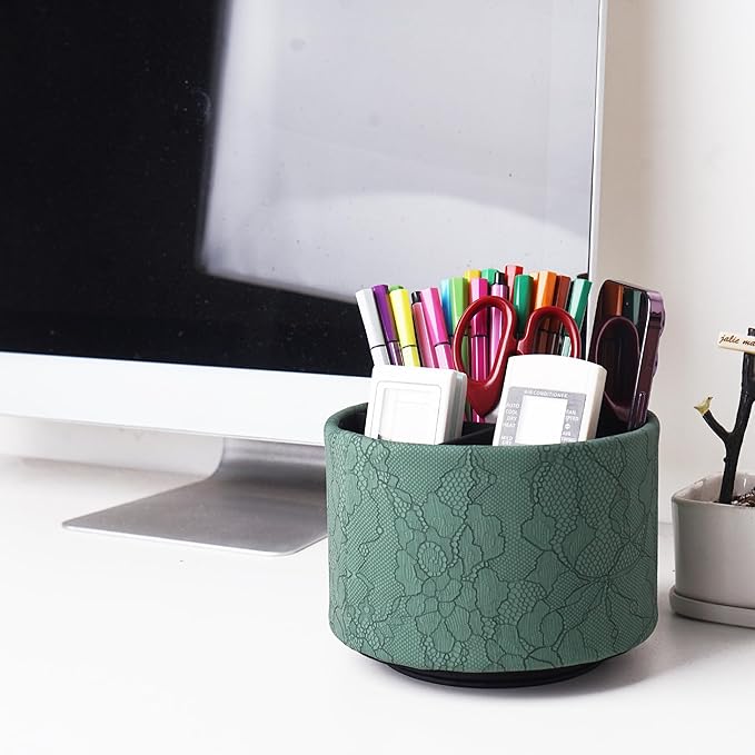 Round Leather Art Supply Organizer,Remote Control Holder,360 Degree Spinning,Multi-Functional Pencil Holder,4 Compartments Desktop Stationary Organizer(1-Lace Flower Green2)