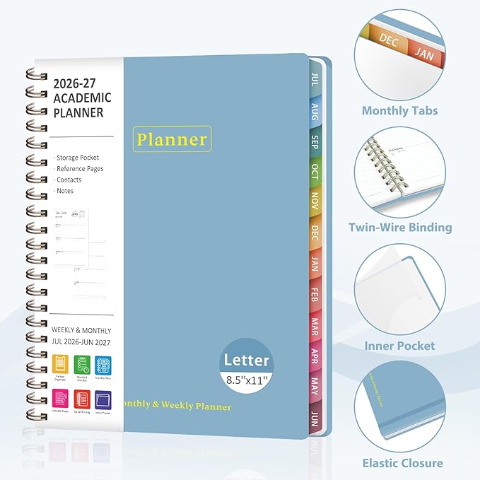 Planner 2026-2027, Academic Weekly and Monthly Calendar Planner, July 2026 - June 2027, Hardcover Spiral Agenda Book, School Supplies for Teacher Student - Letter Size(8.5" x 11")