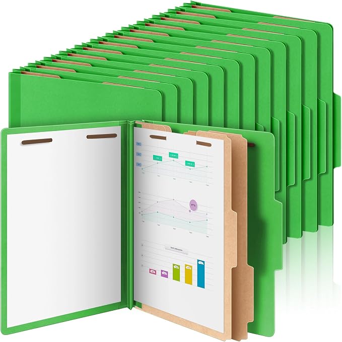 Skyygemm 60 Pcs Classification Folders Letter Size, 2 Divider Pressboard File Folders with 3. 5 Inch Expansion, 2 Prongs Fastener, Heavy Duty Office File Organizers for Teachers, Medical (Green)