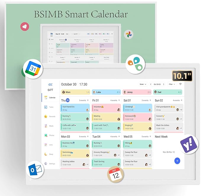 BSIMB 10.1 Inch Digital Calendar - Chore Chart, Meal Planner, Rewards System, Photo Display, Smart Electronic Calendar Touchscreen Interactive Display for Family Schedules Seamless Scheduling White