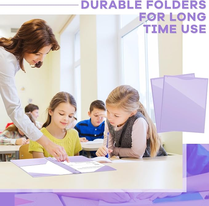 Henoyso 36 Pcs Plastic Folder with Clear Front Pocket and 3 Prong Plastic Folders with Card Slot Pocket Folders with Prongs for School Office (Light Purple)