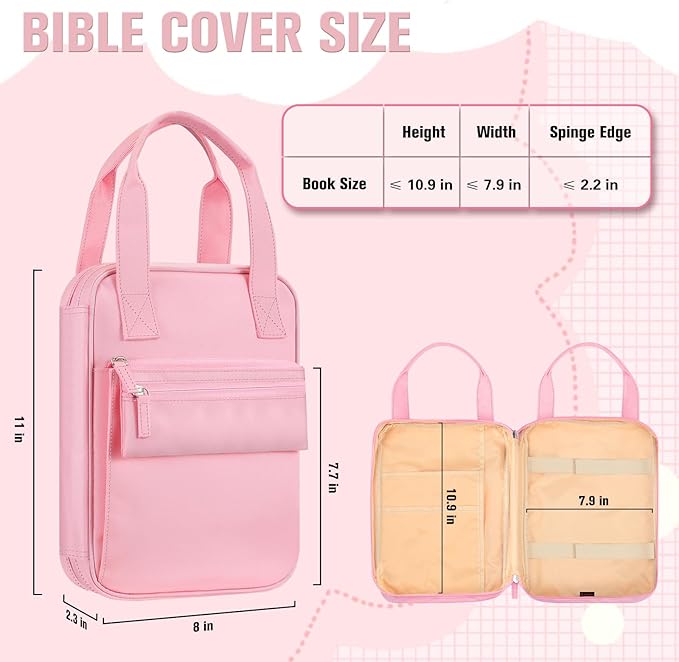 FINPAC Bible Cover Case Tote Bag Water-Resistant Bible Carrying Case Christian Gifts for Church Study Supplies, Pink