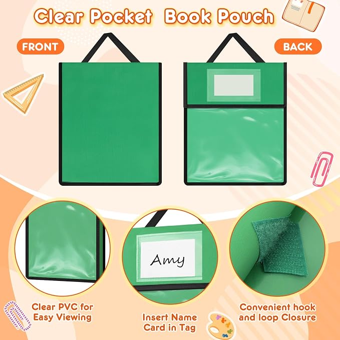 Teling 12 Pack 11 x 14 Inch Clear Book Pouches with Handles and Name Tags, Heavy Duty Reusable Library Book Bags for Classroom, Students Kids and Teacher Supplies (Colorful)