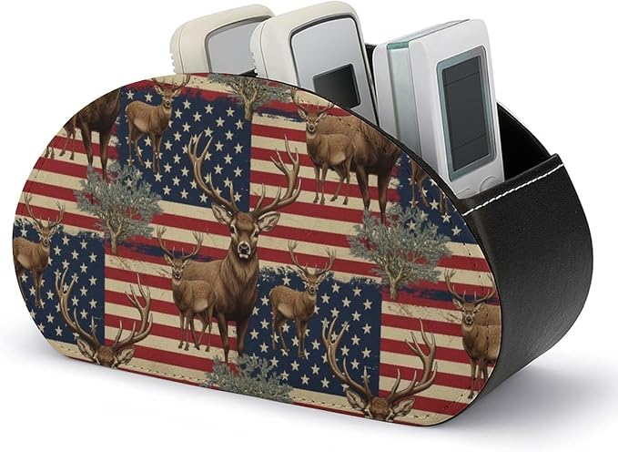 PU Leather Remote Storage Box, 5-Compartment Desk Organizer for Media Controllers, Office Supplies, and Home, American Flag Deers