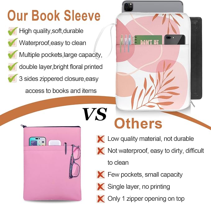 Palm Leaf Book Sleeve Pouch For Women, Paperback Book Protector Case with Zipper, PU Leather Waterproof Book Pouch, Tropics Plants Prints Book Carrying Case for Book Lovers Hardcover Girl Pink