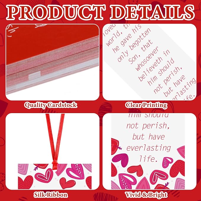 Skyygemm 60 Pcs Valentine's Day John 3: 16 Bookmarks Religious Bible Verse Bookmark Red Heart Valentines Day Exchange Gifts for Valentine's Party