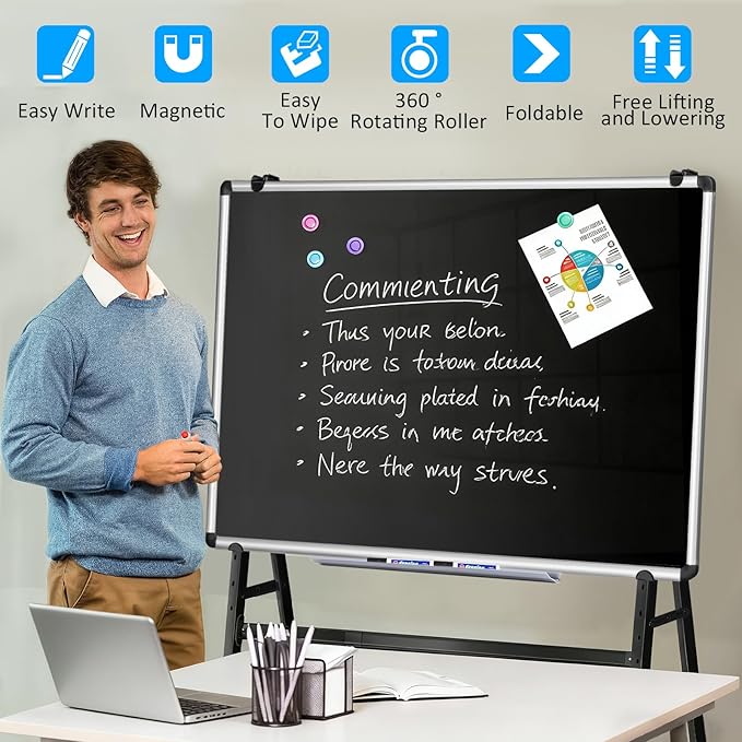 Magnetic Double-Sided Rolling Dry Erase Blackboard with Stand Height & Width Adjustable, A-Frame Foldable Stand Black Board on Wheels, 48 x 36 Mobile Standing Whiteboard(Black)