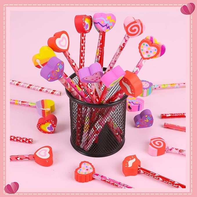 FOIMAS 24pcs Valentine's Day Pencils with Erasers Topper Decorated with Love Hearts Lips Assortment Valentine Stationery Pencil Bulk for Valentine's Day Goodie Bag Filler School Teacher