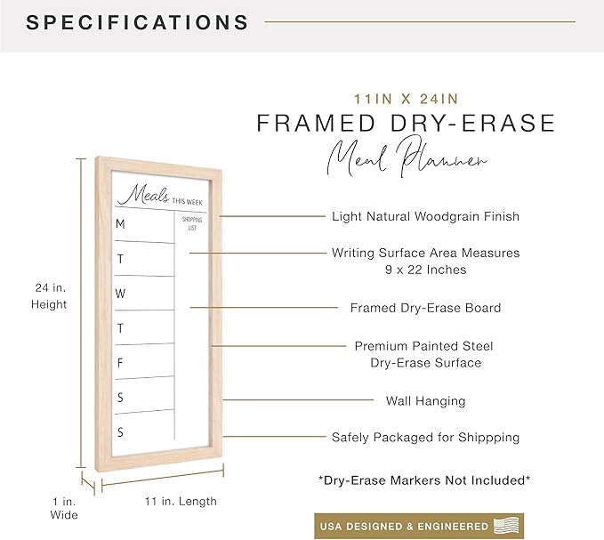 MCS Dry Erase Weekly Meal Planner 11x24 Natural Framed Calander Whiteboard for The Wall, Plan Your Meals for The Week, Family Weekly Planner for Dinners & More–Including Shopping List