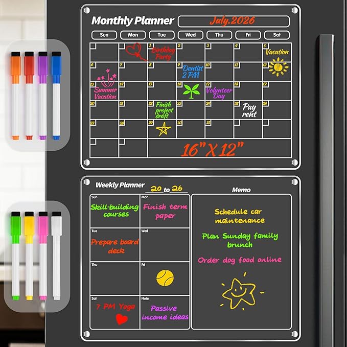 FINDMAG Acrylic Dry Erase Magnetic Calendar for Fridge, 16"x12" Magnetic Calendar for Refrigerator, Clear Monthly and Weekly Meal Planner Fridge Magnets, Chore Chart for Kids with 8 Colors Markers