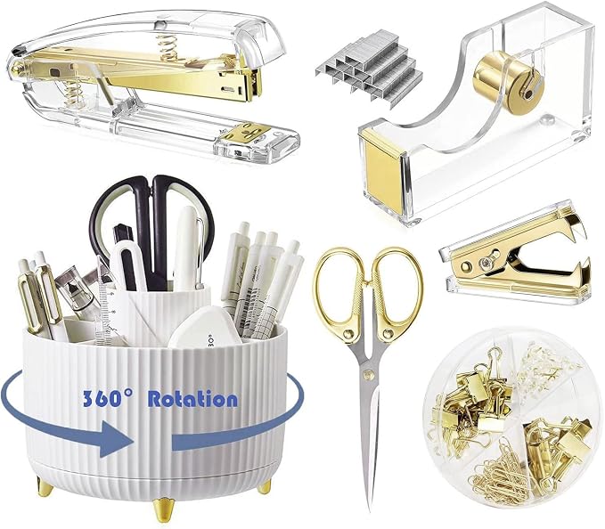 Gawsey Gold Desk Organizers and Accessories with Desk Organizer 360° Rotating Pen Holder and Office Supplies, Cute Stationery Supplies Set